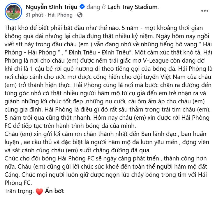 Đình Triệu rời Hải Phòng ảnh 1